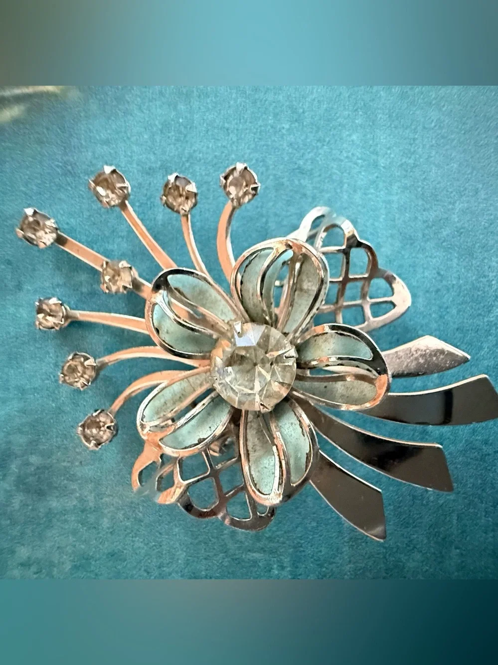 Silver Floral Crystal Brooch - Aqua Petal Accent
